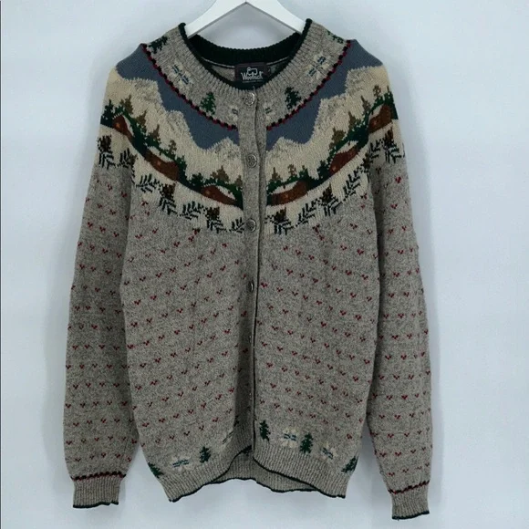 Vintage Woolrich Gray Fair Isle Wool Cardigan Sweater Nordic Button Front Size L - Picture 3 of 11